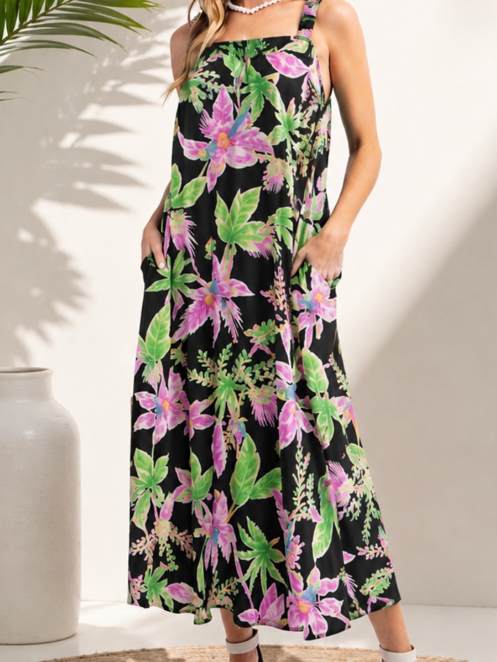 D147 - Easel Maribelle Tropical Floral Maxi Dress Black Beacy Boho Resort